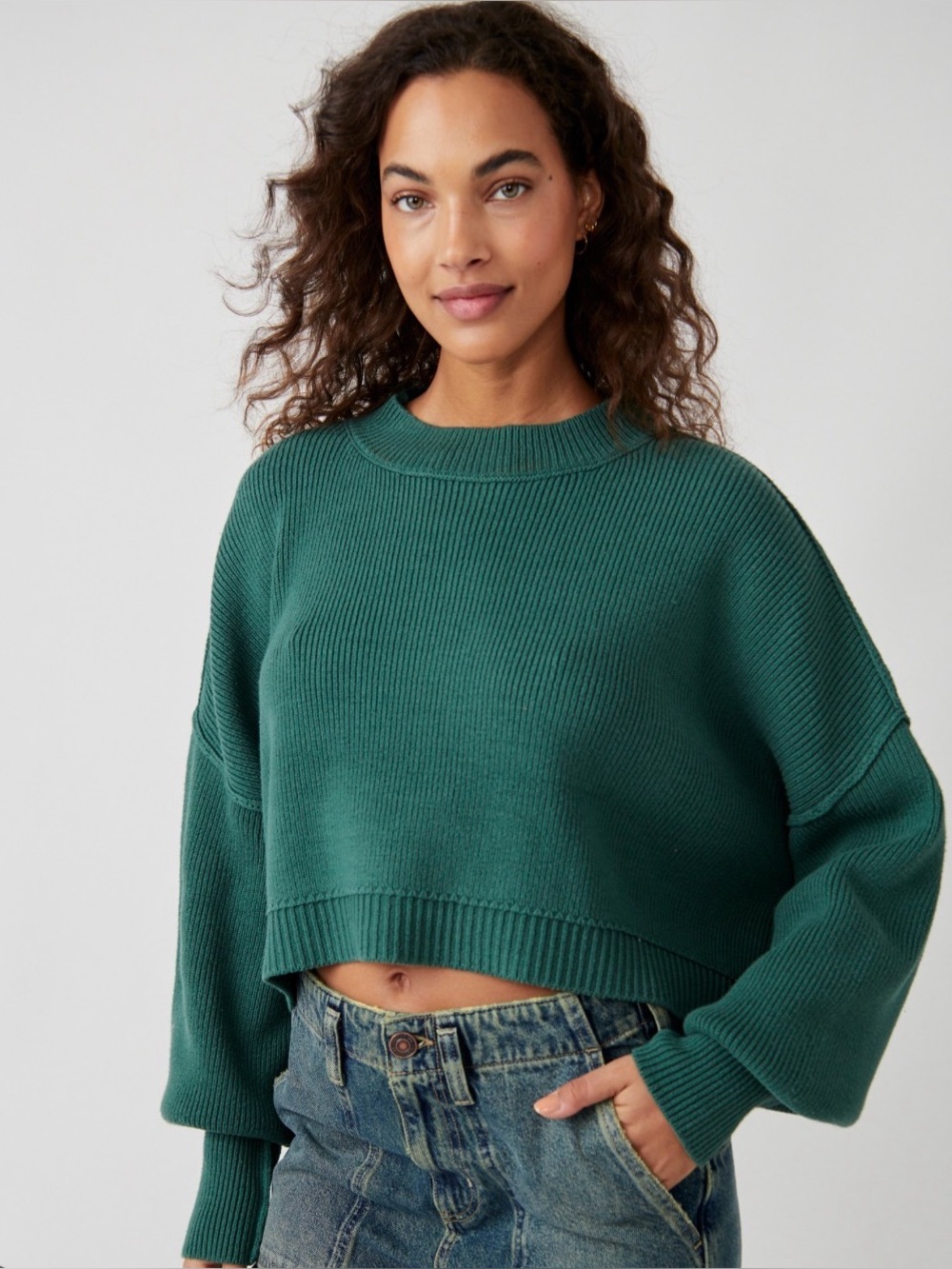 Free People Easy Street Cropped Sweater in Hunter Green